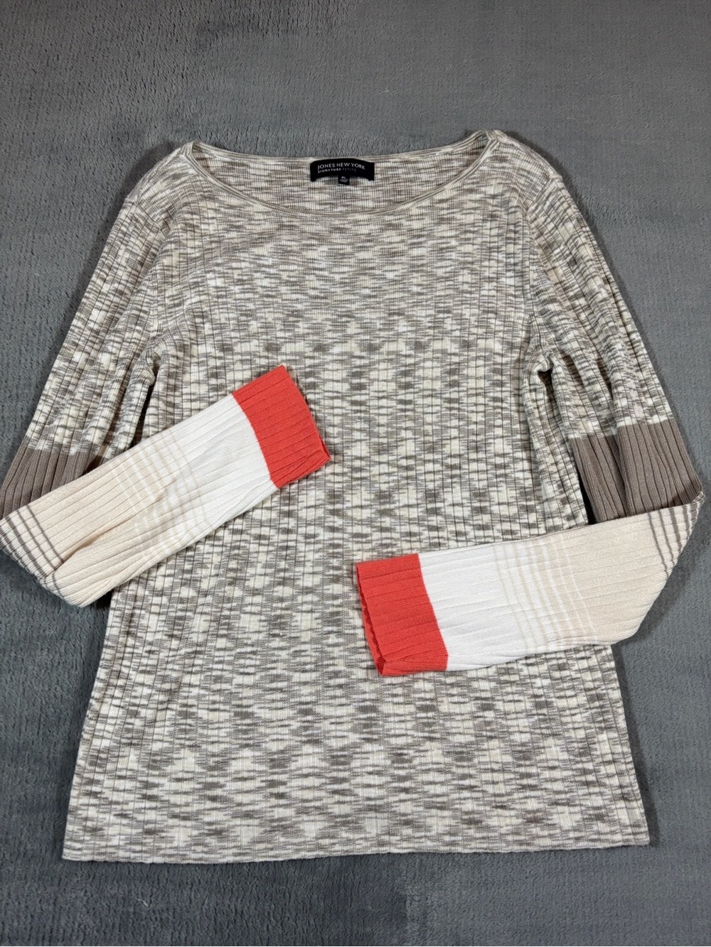 Jones New York Neutral Space-Dye Long Sleeve Top with Coral Cuffs